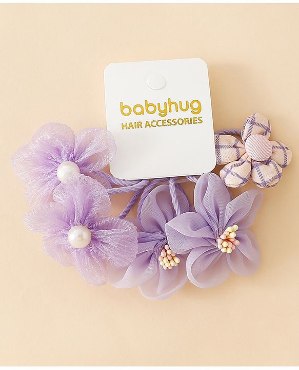 Babyhug Free Size Hair Rubber Bands With Flower Applique Pack of 5 - Purple