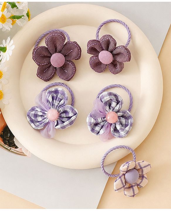 Babyhug Free Size Hair Rubber Bands With Flower Applique Pack of 6 - Purple