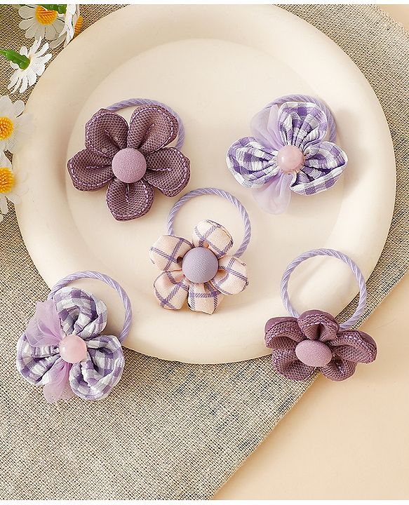 Babyhug Free Size Hair Rubber Bands With Flower Applique Pack of 6 - Purple