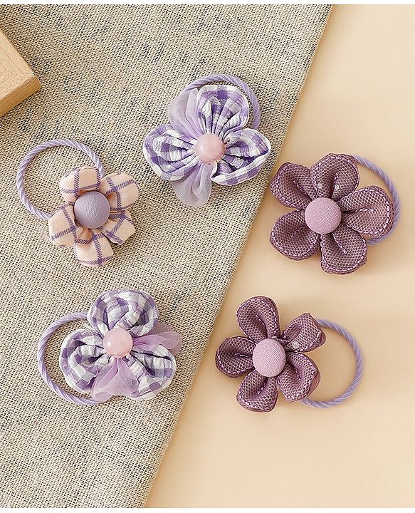 Babyhug Free Size Hair Rubber Bands With Flower Applique Pack of 6 - Purple