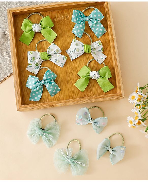 Babyhug Hair Rubber Bands With Bow Applique - Green&Blue
