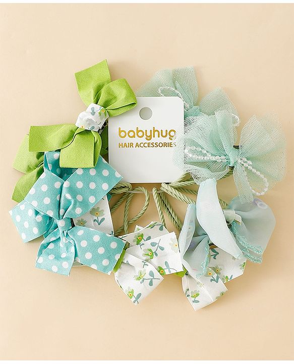 Babyhug Hair Rubber Bands With Bow Applique - Green&Blue