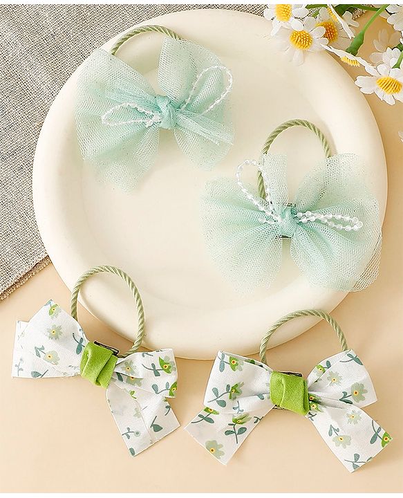 Babyhug Hair Rubber Bands With Bow Applique - Green&Blue