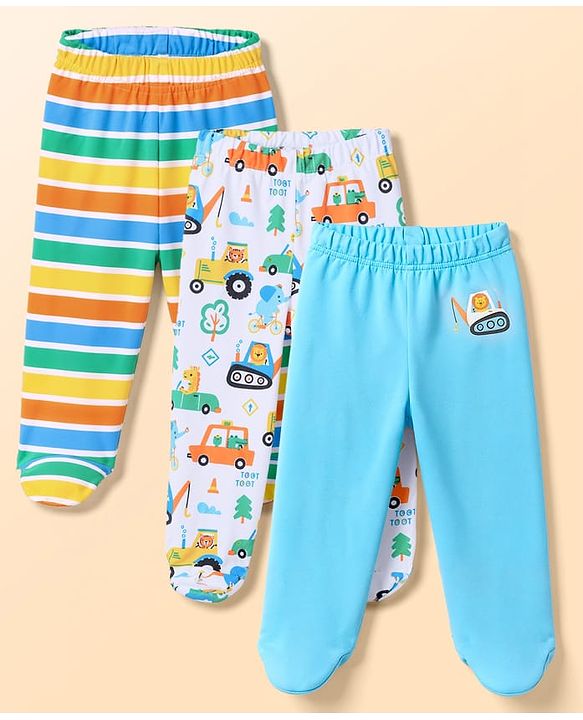 Babyhug 100% Cotton Interlock Knit Striped Animal Printed Bootie Leggings Pack of 3 - Sky