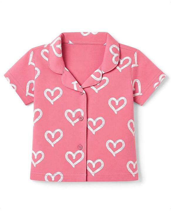 Babyhug 100% Cotton Knit Half Sleeves Front Open Shirt & Pyjama Night Suit with Hearts Print - Pink