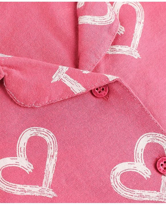 Babyhug 100% Cotton Knit Half Sleeves Front Open Shirt & Pyjama Night Suit with Hearts Print - Pink
