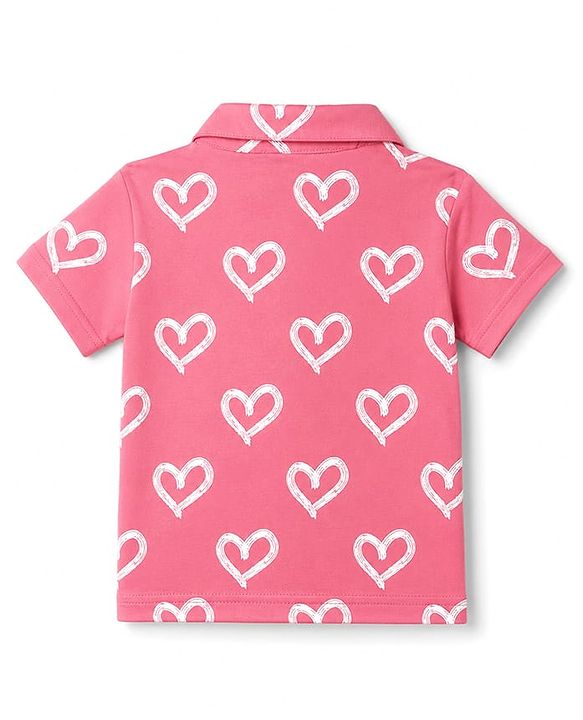 Babyhug 100% Cotton Knit Half Sleeves Front Open Shirt & Pyjama Night Suit with Hearts Print - Pink