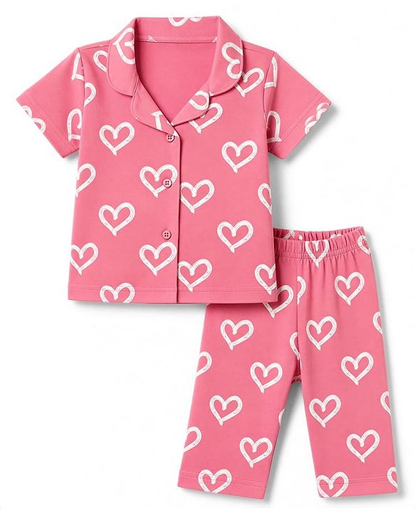 Babyhug 100% Cotton Knit Half Sleeves Front Open Shirt & Pyjama Night Suit with Hearts Print - Pink