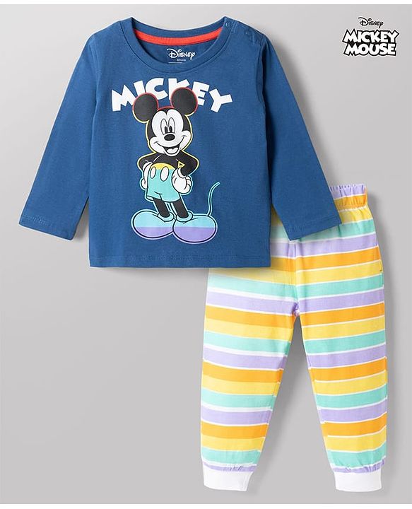 Babyhug Disney 100% Cotton Knit Full Sleeves T-Shirt & Pyjama Night Suit With Micky Mouse Graphic - Multicolor
