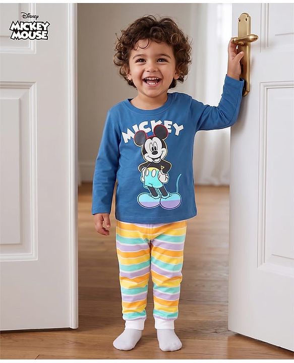 Babyhug Disney 100% Cotton Knit Full Sleeves T-Shirt & Pyjama Night Suit With Micky Mouse Graphic - Multicolor