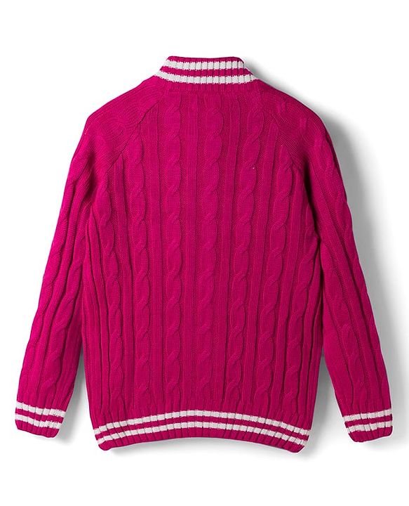 Pine Kids Knitted Full Raglan Sleeves Front Open Sweater  with Cable Knit Design - Dark Pink