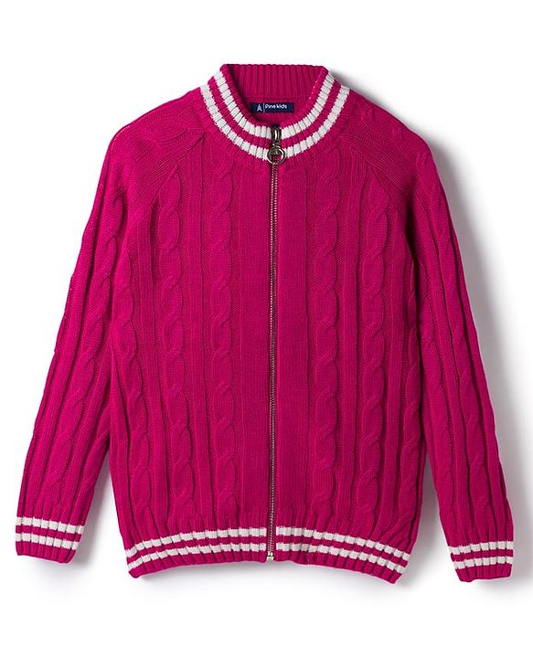 Pine Kids Knitted Full Raglan Sleeves Front Open Sweater  with Cable Knit Design - Dark Pink