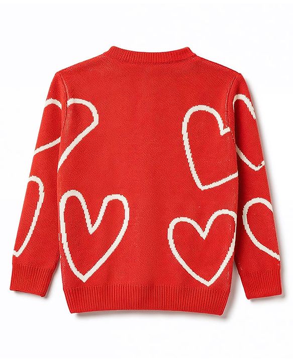 Pine Kids Knit Full Sleeves Front Open Sweater With Heart Design - Red