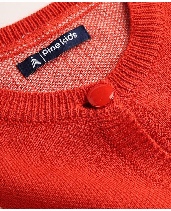 Pine Kids Knit Full Sleeves Front Open Sweater With Heart Design - Red