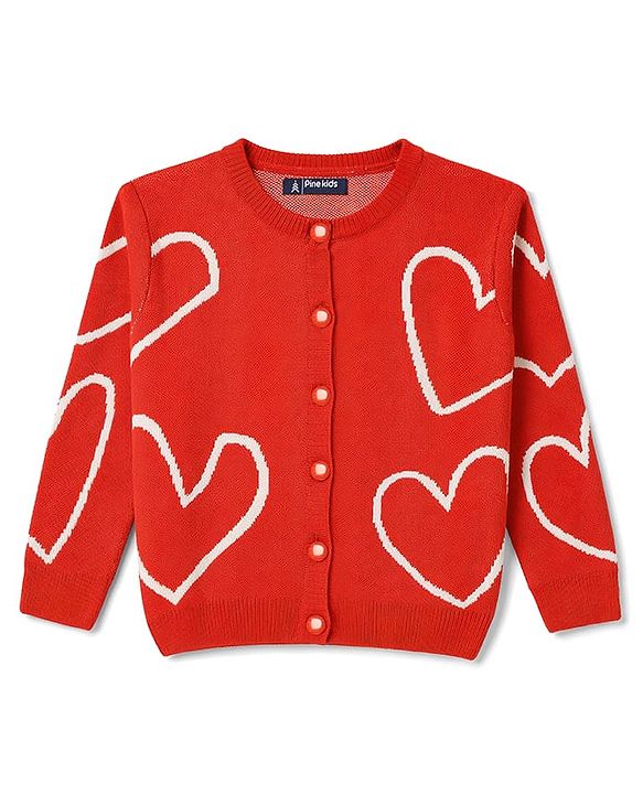 Pine Kids Knit Full Sleeves Front Open Sweater With Heart Design - Red