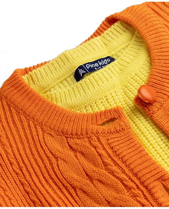 Pine Kids Knit Front Open Full Sleeves Cable Knit Design Sweaters With Sleeveless Inner - Orange & Yellow