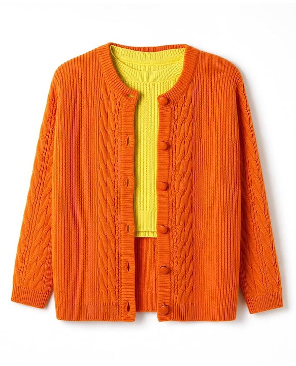 Pine Kids Knit Front Open Full Sleeves Cable Knit Design Sweaters With Sleeveless Inner - Orange & Yellow