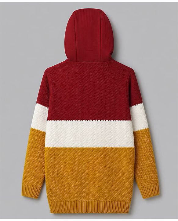 Pine Kids Knit Striped Full Sleeves Front Open Hooded Sweaters With Patch - Red