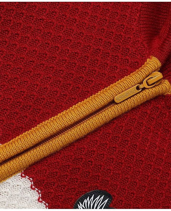 Pine Kids Knit Striped Full Sleeves Front Open Hooded Sweaters With Patch - Red