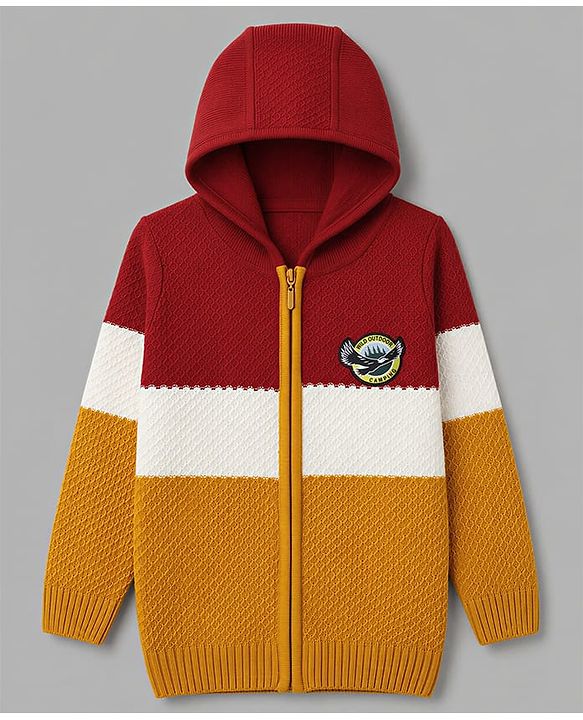 Pine Kids Knit Striped Full Sleeves Front Open Hooded Sweaters With Patch - Red
