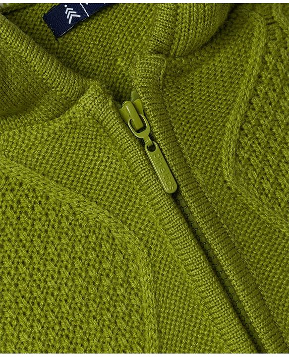 Pine Kids Knit Full Sleeves Hooded Front Open Solid Colour Sweater with Cable Knit Design - Green