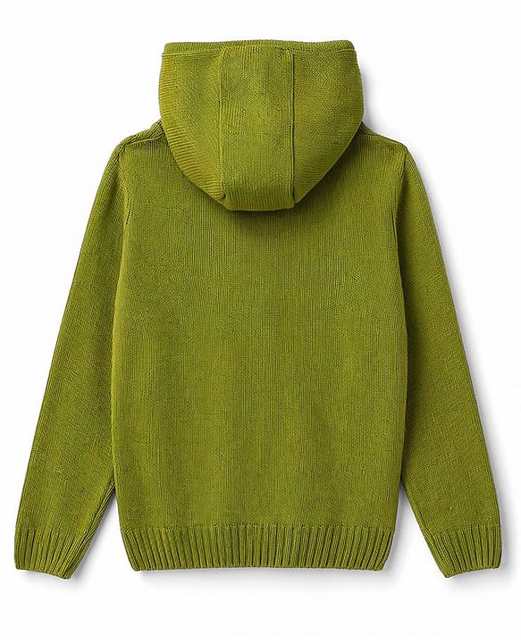 Pine Kids Knit Full Sleeves Hooded Front Open Solid Colour Sweater with Cable Knit Design - Green