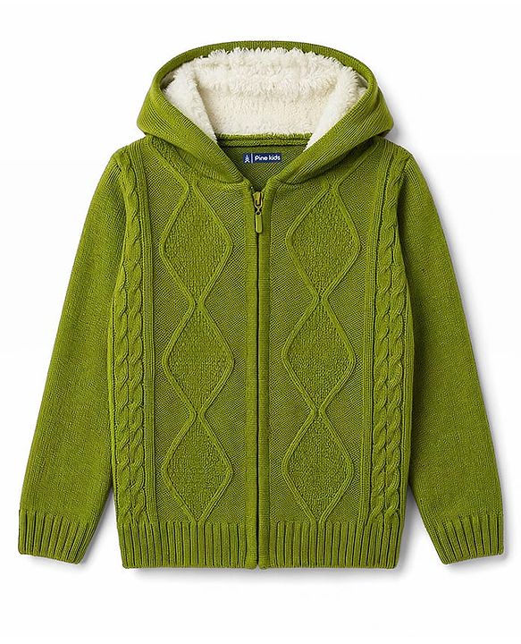 Pine Kids Knit Full Sleeves Hooded Front Open Solid Colour Sweater with Cable Knit Design - Green