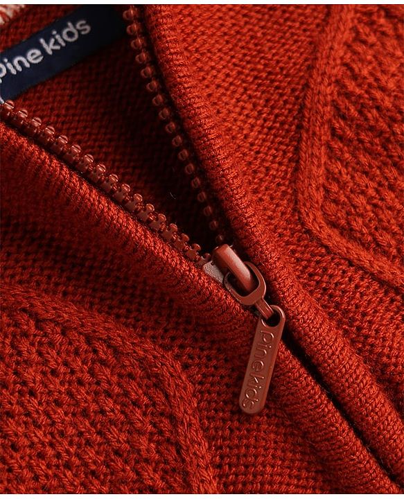 Pine Kids Knit Full Sleeves Solid Colour Hooded Front Open Sweater With Cable Knit Design - Rust Orange