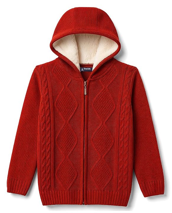 Pine Kids Knit Full Sleeves Solid Colour Hooded Front Open Sweater With Cable Knit Design - Rust Orange