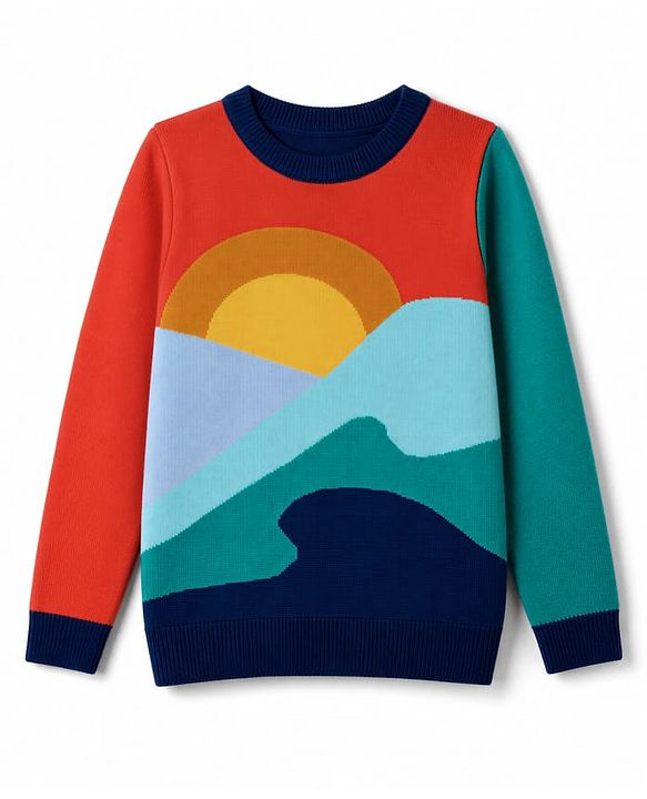 Pine Kids Knit Full Sleeves Pullover with Abstract Landscape Design - Rust Orange