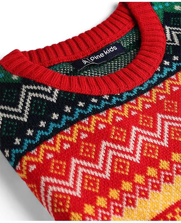 Pine Kids Knit Full Sleeves Pullovers with Floral Design -  Green Red & Yellow
