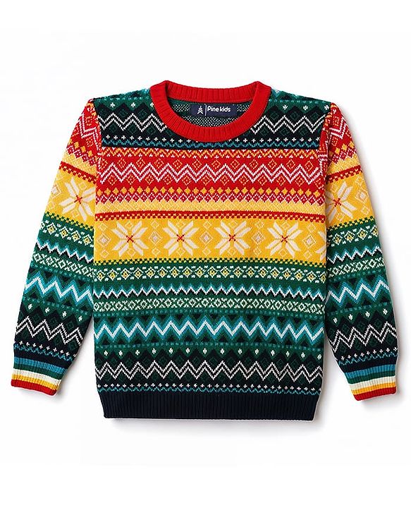 Pine Kids Knit Full Sleeves Pullovers with Floral Design -  Green Red & Yellow