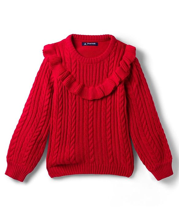 Pine Kids Knitted Full  Sleeves Pullover with Cable Knit Design - Red
