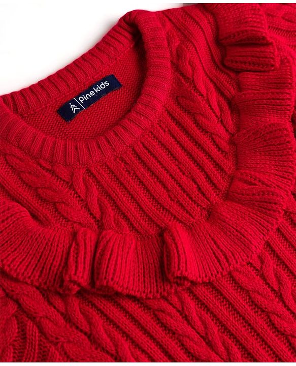 Pine Kids Knitted Full  Sleeves Pullover with Cable Knit Design - Red