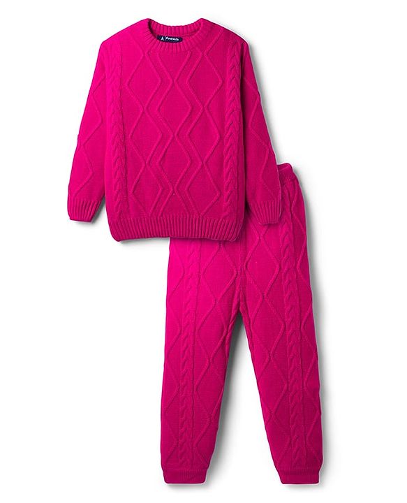 Pine Kids Knitted Full Sleeves Sweater Set with Cable Knit Design - Dark Pink