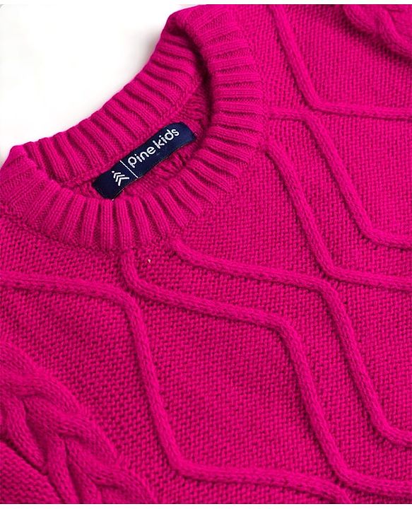 Pine Kids Knitted Full Sleeves Sweater Set with Cable Knit Design - Dark Pink