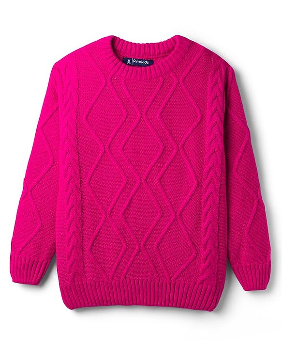 Pine Kids Knitted Full Sleeves Sweater Set with Cable Knit Design - Dark Pink