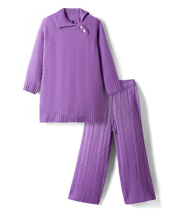 Pine Kids Knitted Full Raglan Sleeves Sweater Set - Purple