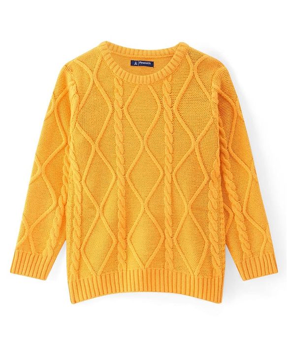 Pine Kids Knit Full Sleeves Sweater Set With Cable Knit Design - Mustard