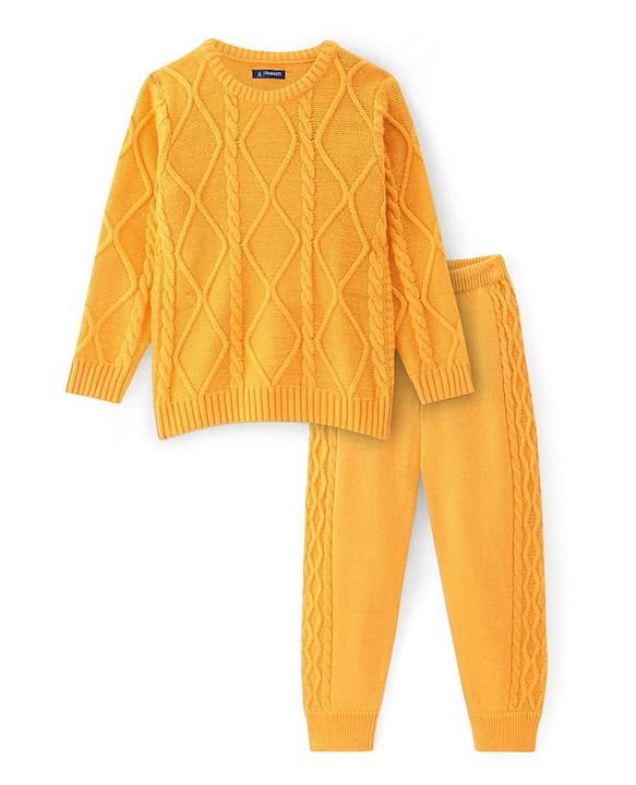Pine Kids Knit Full Sleeves Sweater Set With Cable Knit Design - Mustard