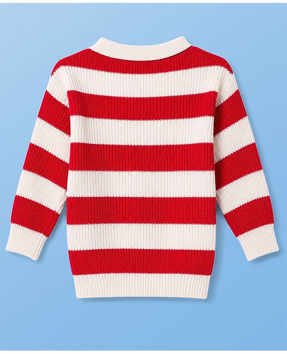 Pine Kids Knit Full Sleeves Polo Collar Striped Sweater Set -  Red & White