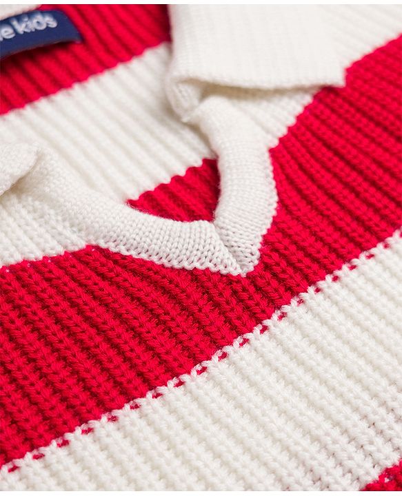 Pine Kids Knit Full Sleeves Polo Collar Striped Sweater Set -  Red & White