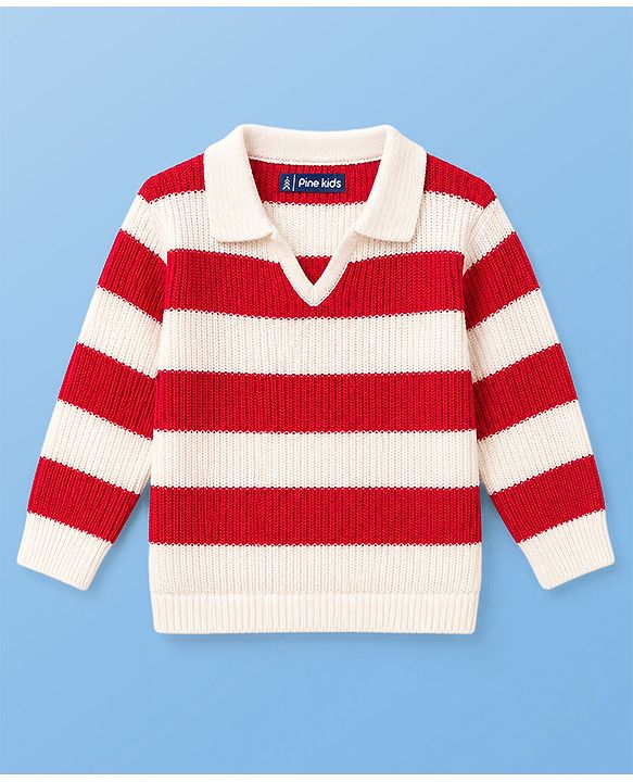 Pine Kids Knit Full Sleeves Polo Collar Striped Sweater Set -  Red & White