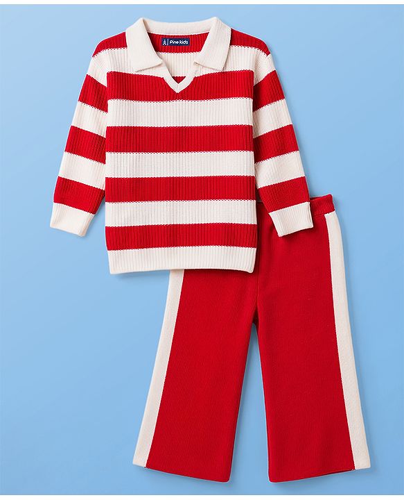 Pine Kids Knit Full Sleeves Polo Collar Striped Sweater Set -  Red & White