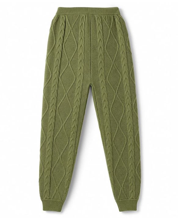 Pine Kids Knit Full Sleeves  Sweater Set With Cable Knit Design - Green