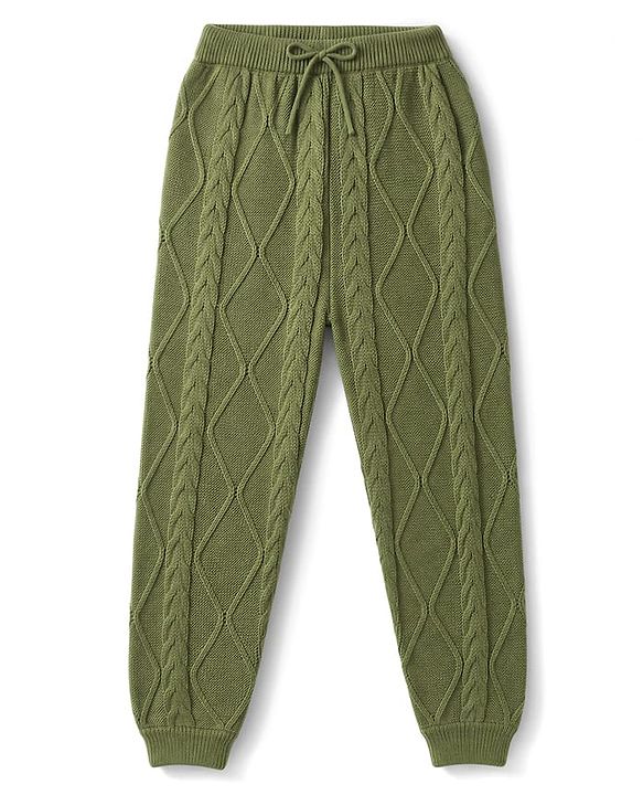 Pine Kids Knit Full Sleeves  Sweater Set With Cable Knit Design - Green