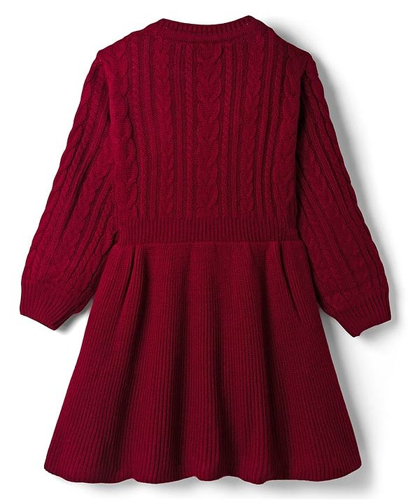 Pine Kids Knitted Full Sleeves Woolen Dress with Cable Knit Design - Red