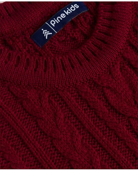 Pine Kids Knitted Full Sleeves Woolen Dress with Cable Knit Design - Red