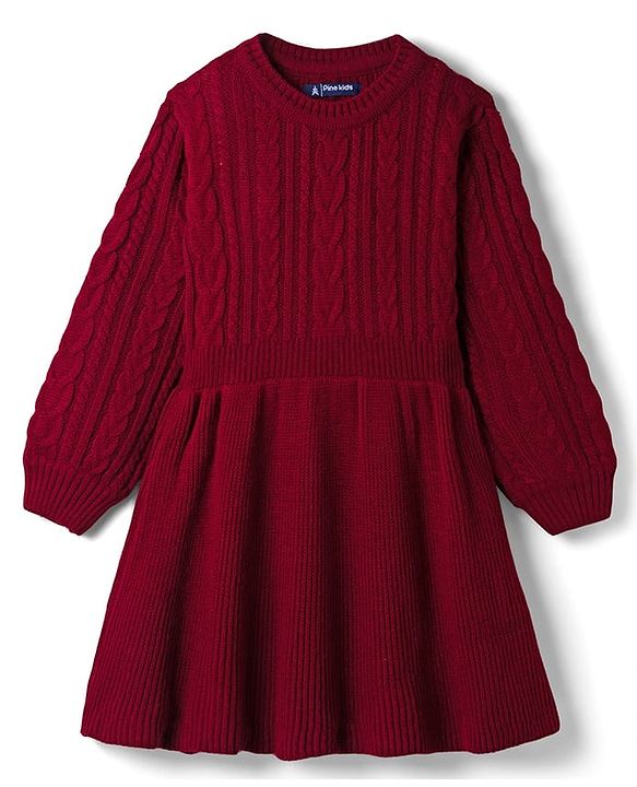 Pine Kids Knitted Full Sleeves Woolen Dress with Cable Knit Design - Red