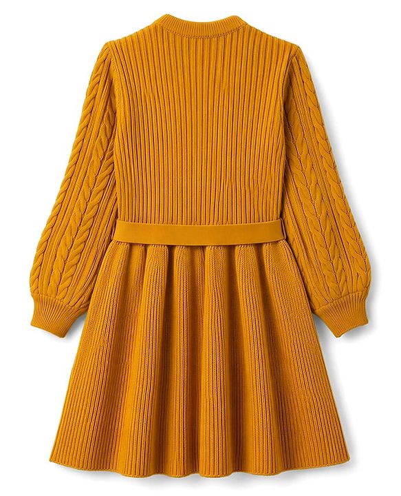 Pine Kids Knit Full Sleeves Solid Colour Sweater Dress with Belt & Cable Knit Design - Mustard